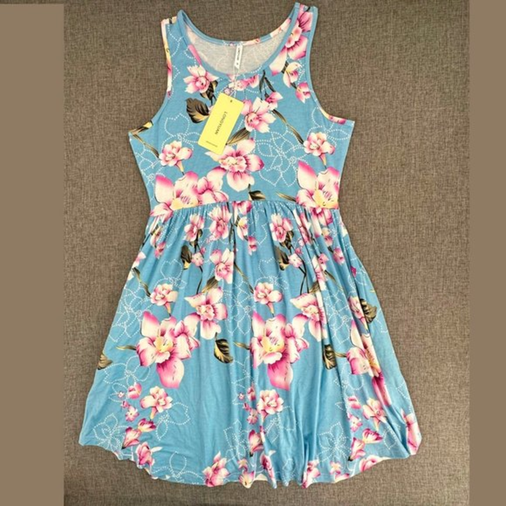 LONGYUAN Floral Summer Dress Blue Pink Sleeveless Soft & Comfortable Brand New‎